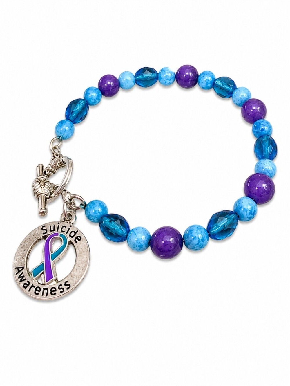 HANDMADE Suicide Awareness Agate Czech Glass Beaded Toggle Bracelet